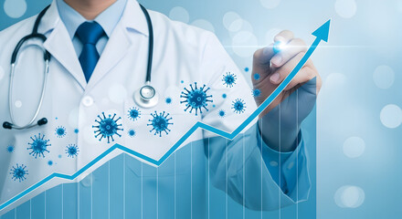 Doctor in lab coat drawing an upward trending graph with virus particles floating around representing growth in medical research or increase in infections during a pandemic situation
