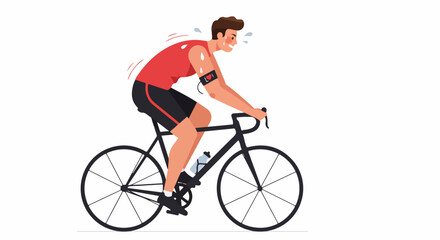 Obraz premium Determined male cyclist vigorously riding a road bike, sweating and showing effort, wearing an armband monitor for fitness and sport training.