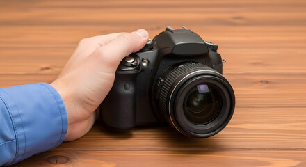 Hand holding a black DSLR camera on a wooden table showcasing photography equipment lens details and the photographer's grip for capturing highquality images in a studio or outdoor setting