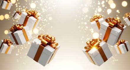 Floating gift boxes with gold ribbons and bokeh lights background
