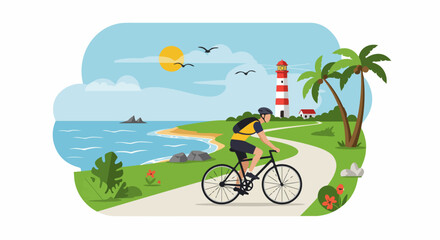 Fototapeta premium Man cycling on a scenic coastal path past a lighthouse and palm trees, enjoying a sunny day by the ocean with birds flying.