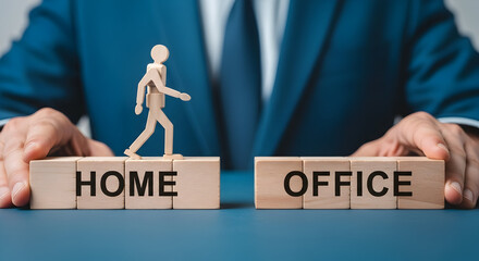 Wooden figure walking from home to office blocks representing work life balance and the transition between remote work and in office jobs showcasing career choices and lifestyle decisions