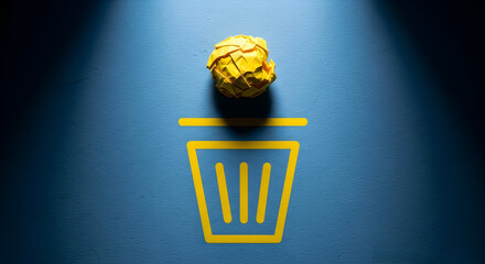 Yellow crumpled paper ball above a yellow trash bin icon on a blue background symbolizing waste recycling and the concept of deleting ideas and mistakes in creative processes