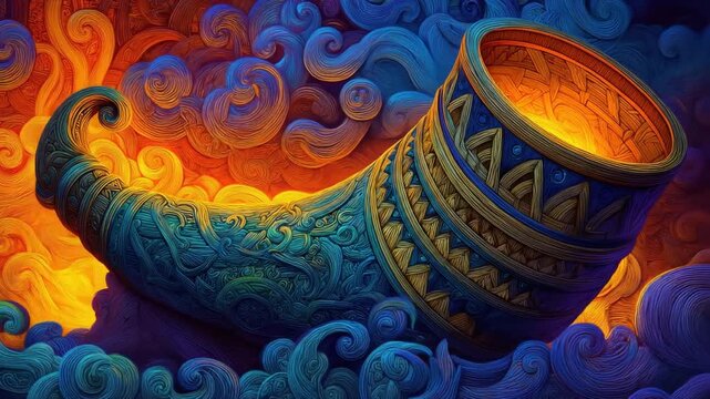 A fantasy artwork depicting a decorated horn, amidst swirling clouds of color, rendered in vivid tones