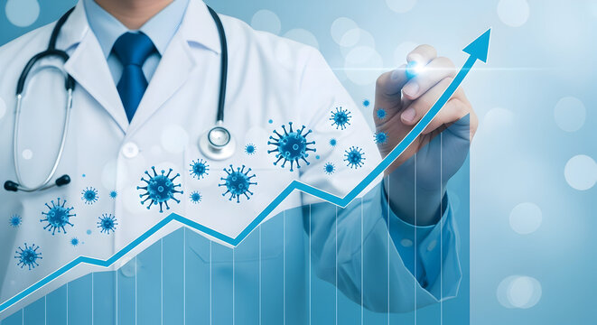 Doctor in lab coat drawing an upward trending graph with virus particles floating around representing growth in medical research or increase in infections during a pandemic situation