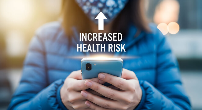 Person wearing a mask checks their phone with an increased health risk warning highlighting concerns about public health and safety during a pandemic emphasizing the need for awareness and caution