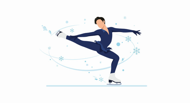 Graceful male figure skater in a dynamic pose on ice, surrounded by snowflakes and winter elements, a stylish vector illustration.