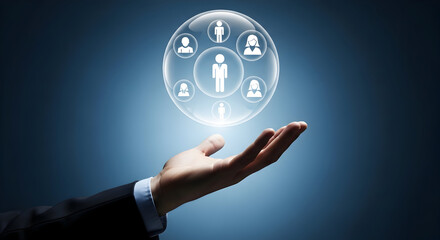 Hand holding a sphere containing people icons representing team management and human resources in a business context with a blue gradient background for corporate communications
