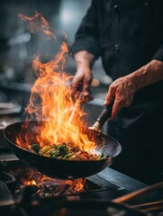 chef hands keep wok with fire closeup chef hands cook food with fire chef man burn food at professional kitchen no logos no brands ar 34