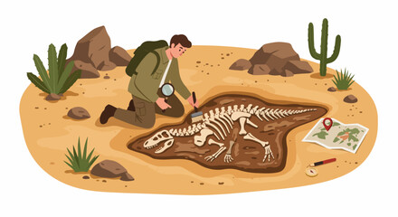 A paleontologist meticulously excavating a dinosaur skeleton in a desert landscape, using a brush and magnifying glass to uncover ancient fossils. © Nafa Project