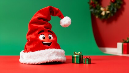 Joyful animated Christmas hat and presents on festive background