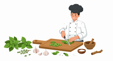 Smiling chef chopping fresh basil on a wooden cutting board, surrounded by garlic, thyme, salt, and a mortar and pestle, preparing a delicious meal.