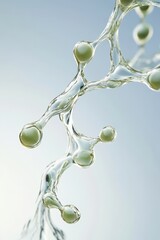 Abstract molecular structure with green hydrogen spheres in clear liquid, light blue background, representing clean energy science.