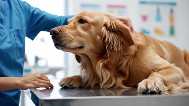 Female veterinarian petting golden retriever during checkup at clinic. Caring professional examining dog health. Ideal for veterinary services and pet care advertising.
