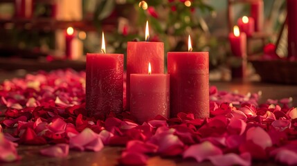 Romantic red candles and rose petals for valentine s day or special occasions