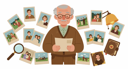 Elderly man reminiscing, surrounded by a collage of old family photos, recalling cherished life memories with a magnifying glass and album, a nostalgic journey.