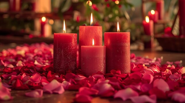 Romantic red candles and rose petals for valentine s day or special occasions