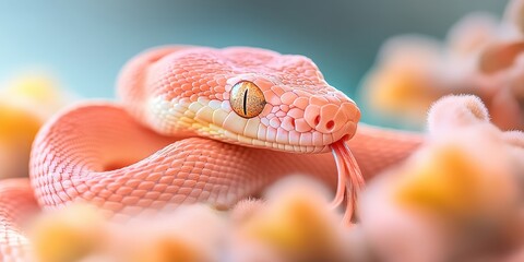 Fototapeta premium Pink snake with yellow eyes and forked tongue nestled among soft pastel elements, close up detail, serene environment.