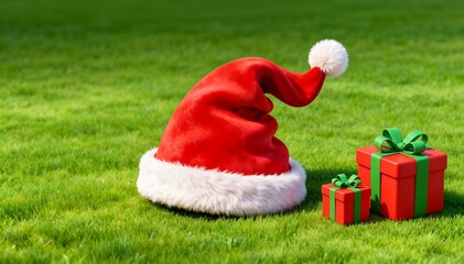 Bright red Santa hat with Christmas presents on grass