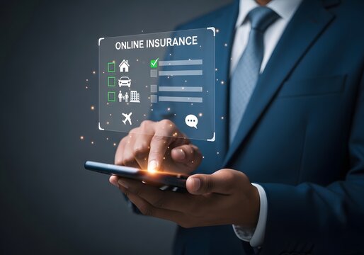 Man in suit using smartphone for online insurance application with various insurance options shown