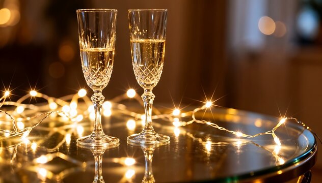 Festive evening with two champagne flutes and bright lights
