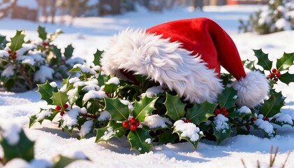 Festive Santa Hat Adorns Holly in Winter Snow
