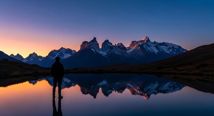 Person reflects in calm lake with snow-capped mountains at sunrise.