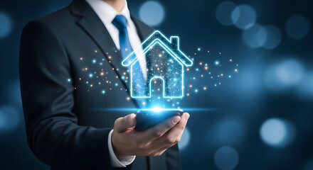 Businessman holds smartphone displaying a digital house icon representing real estate technology and smart home solutions for property management and investment opportunities in the market
