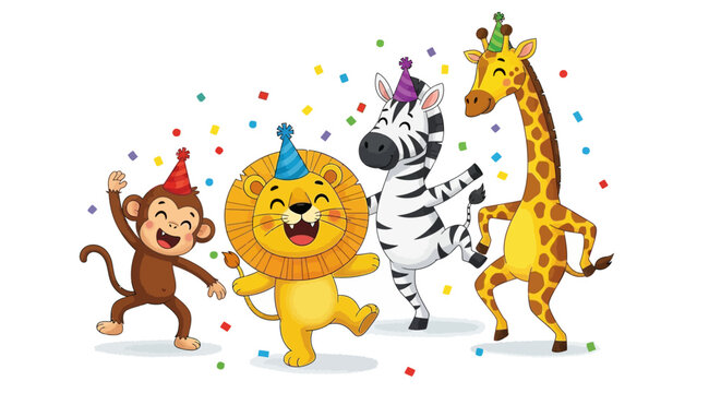 Adorable cartoon animals celebrate at a fun birthday party with confetti, perfect for children's books, invitations, and cheerful designs for kids