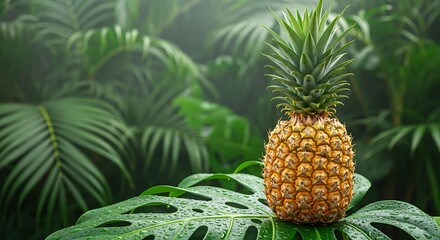 Golden pineapple on wet tropical leaves, vibrant jungle backdrop