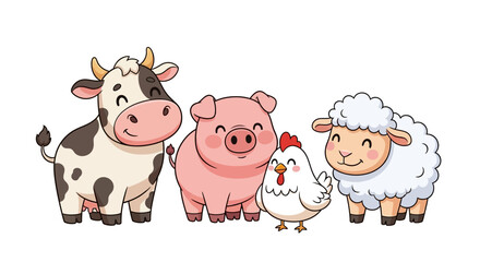 Adorable cartoon farm animal friends smiling cheerfully together for children's book illustration or playful educational content needs