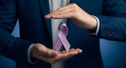 Obraz premium Man in a suit gently holds a lavender ribbon symbolizing cancer awareness and support in a gesture of hope and solidarity for patients and their families promoting research and prevention efforts