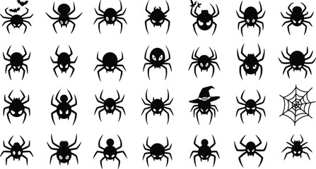 Silhouette collection of spooky spiders and cobweb, Halloween insect icons, creepy arachnid design elements for decoration and horror theme illustration