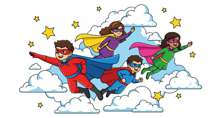 Colorful cartoon of superhero kids flying through clouds and stars, inspiring bravery and imagination in a fun, uplifting scene for children's projects