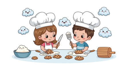 Adorable kids baking cookies together with happy cloud friends, perfect for children's illustrations and baking themed designs, cute and whimsical art