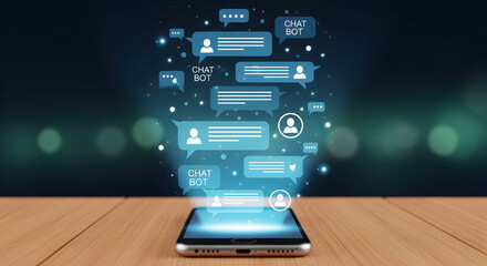 Smartphone displaying chat bot messages and notifications on a wooden surface with a blurred background showcasing ai technology and digital communication for modern business and personal use