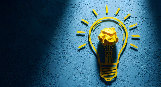 Yellow paper lightbulb on a textured blue background symbolizes creative ideas and innovation perfect for illustrating concepts like brainstorming and problemsolving in business and education - Powered by Adobe
