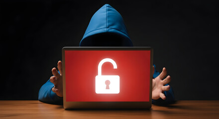 Hooded hacker displays an unlocked padlock icon on a red screen symbolizing cybersecurity vulnerability and data breach risks emphasizing the importance of online safety and digital protection