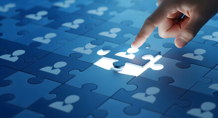 Hand completing a blue puzzle with people icons symbolizing teamwork human resources and the importance of finding the right talent for business success and organizational growth