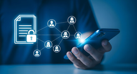Person uses smartphone for secure data access and social network connection highlighting cybersecurity digital privacy and online communication in a modern technology context with blue tones
