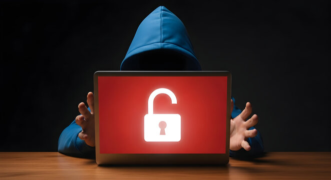 Hooded hacker displays an unlocked padlock icon on a red screen symbolizing cybersecurity vulnerability and data breach risks emphasizing the importance of online safety and digital protection