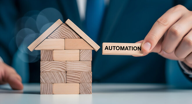 Hand places automation block on wooden house structure representing smart home technology and building automation systems for energy efficiency and modern living concepts