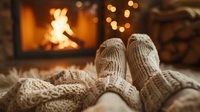 Cozy feet in warm knitted socks by a crackling fireplace on a cold evening