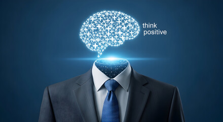 Conceptual representation of positive thinking with a glowing brain above a suit symbolizing mental health business strategy and the power of positive mindset for success and innovation