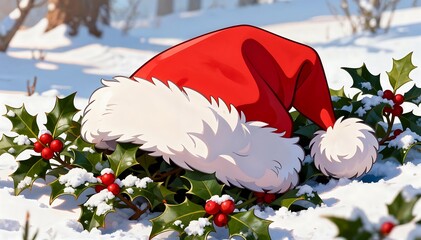 Santa Hat on Snowy Holly in Winter Wonderland