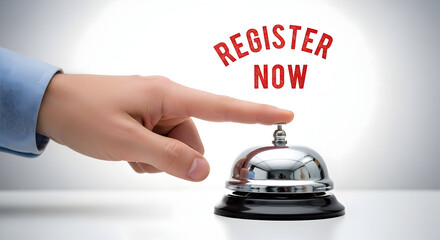Finger presses a shiny chrome service bell with "Register Now" text inviting users to sign up and join ideal for marketing event promotion and call to action campaigns