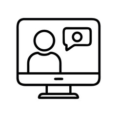 Simple line art icon of a person on a computer screen with a speech bubble