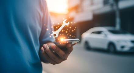 Man uses mobile app for car repair service with wrench icon and vehicle in background showcasing automotive technology and digital solutions for maintenance and roadside assistance