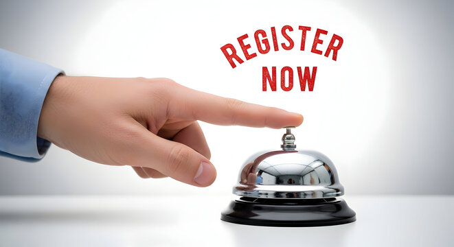 Finger presses a shiny chrome service bell with "Register Now" text inviting users to sign up and join ideal for marketing event promotion and call to action campaigns