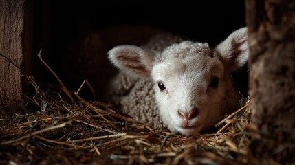 gentle newborn lamb lies in hay inside rustic stable looking towards soft light christmas nativity scene christian and easter holiday concept banner website header 2026